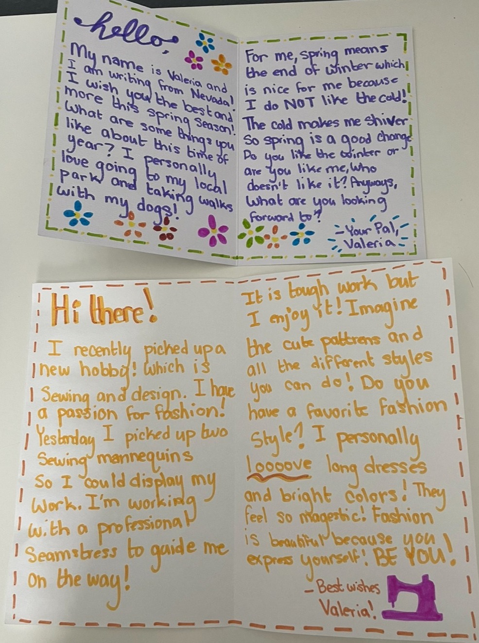 Two cheerful handwritten letters from Valeria in Nevada with personal stories and illustrations.